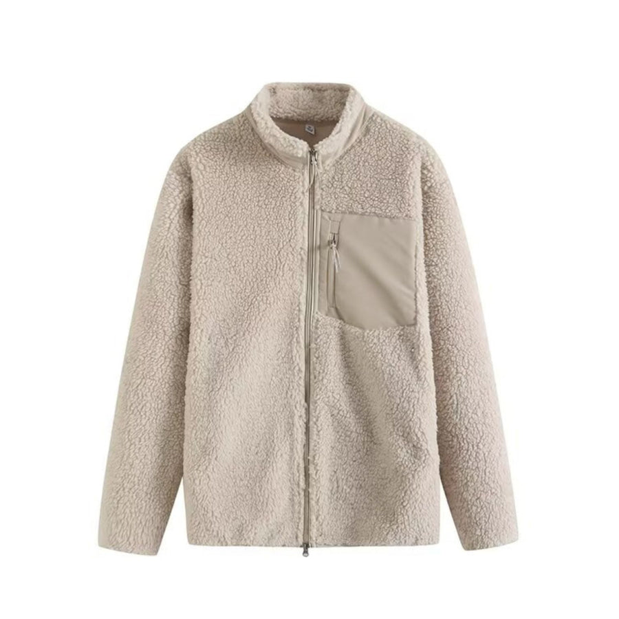 Zip Up Long Sleeve Plush Jacket Beige / S Apparel and Accessories