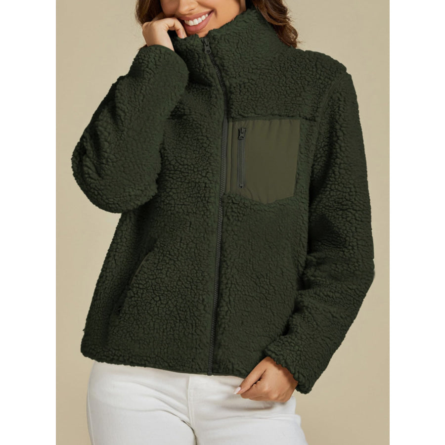 Zip Up Long Sleeve Plush Jacket Dark Green / S Apparel and Accessories