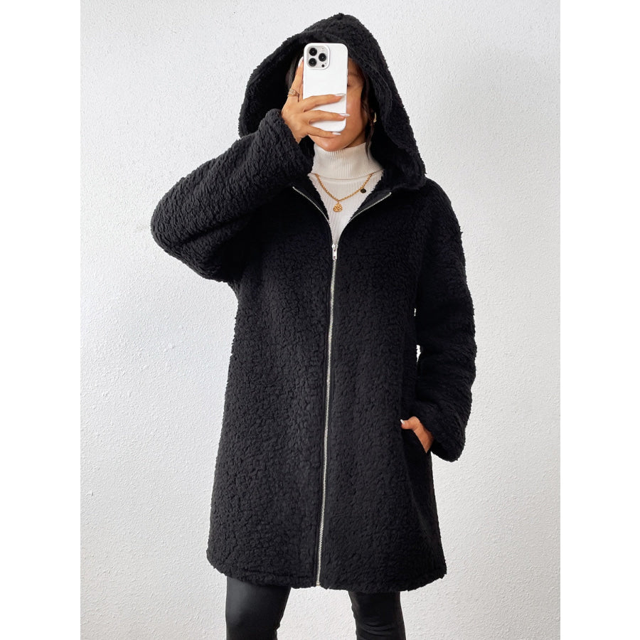 Zip Up Long Sleeve Sherpa Hooded Coat Apparel and Accessories