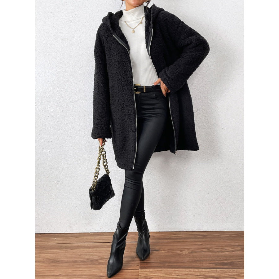 Zip Up Long Sleeve Sherpa Hooded Coat Apparel and Accessories