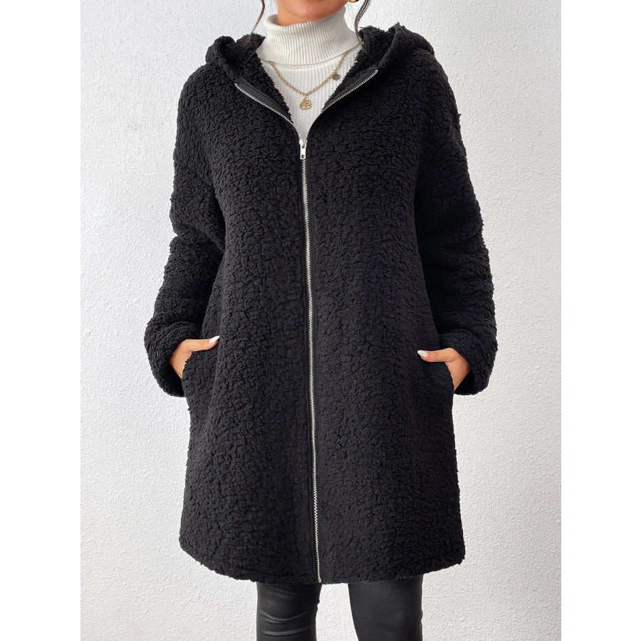 Zip Up Long Sleeve Sherpa Hooded Coat Black / S Apparel and Accessories