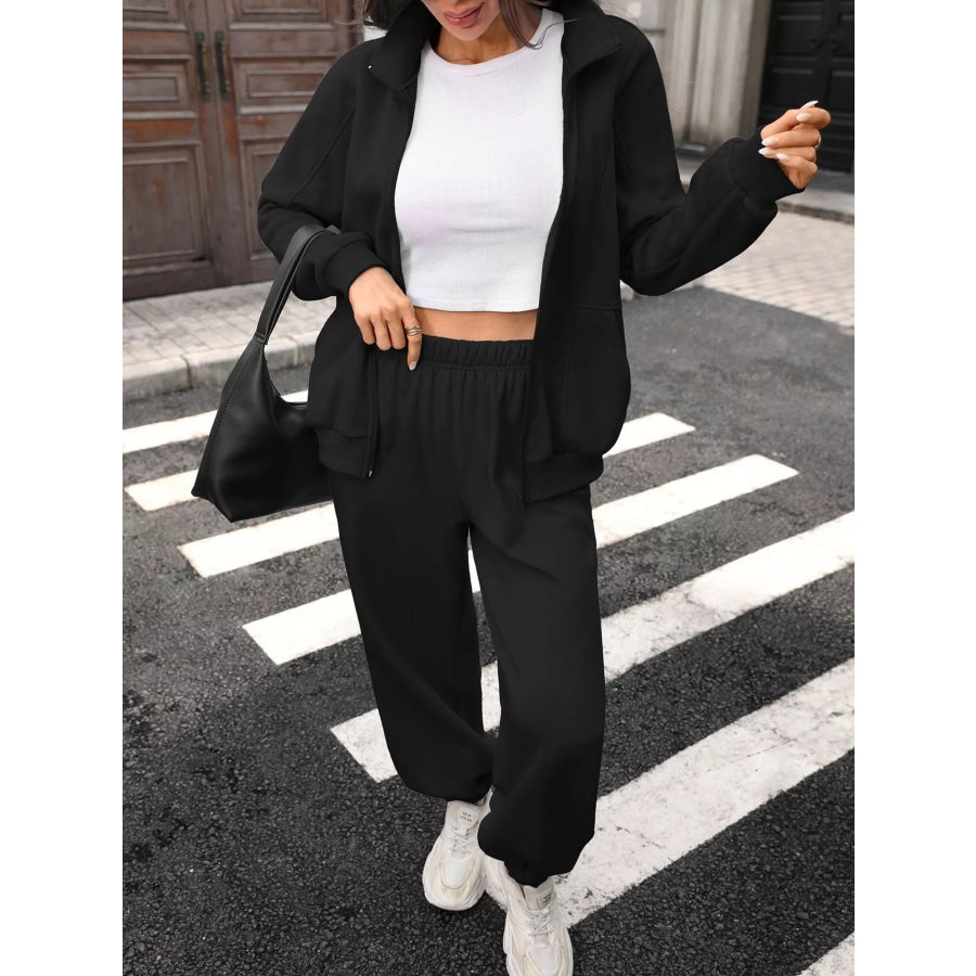 Zip-Up Long Sleeve Top and Pants Set Apparel and Accessories