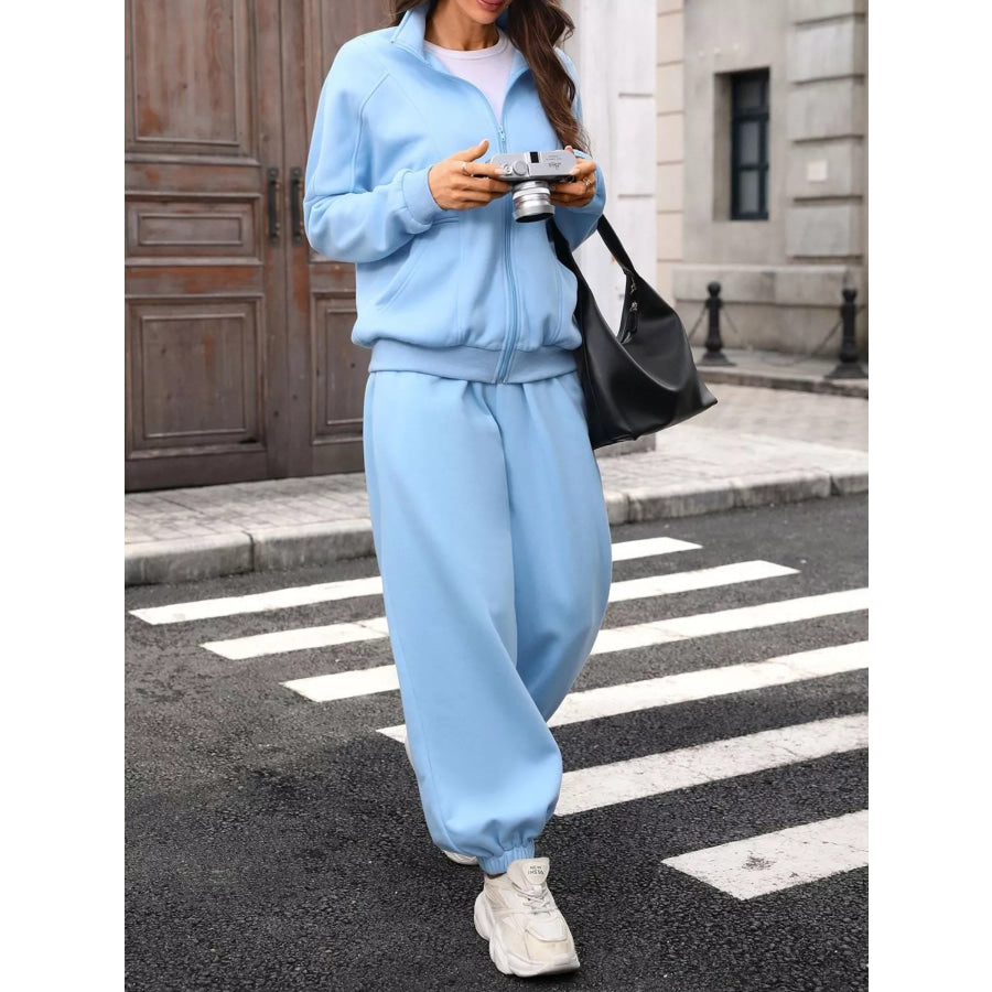 Zip-Up Long Sleeve Top and Pants Set Apparel and Accessories