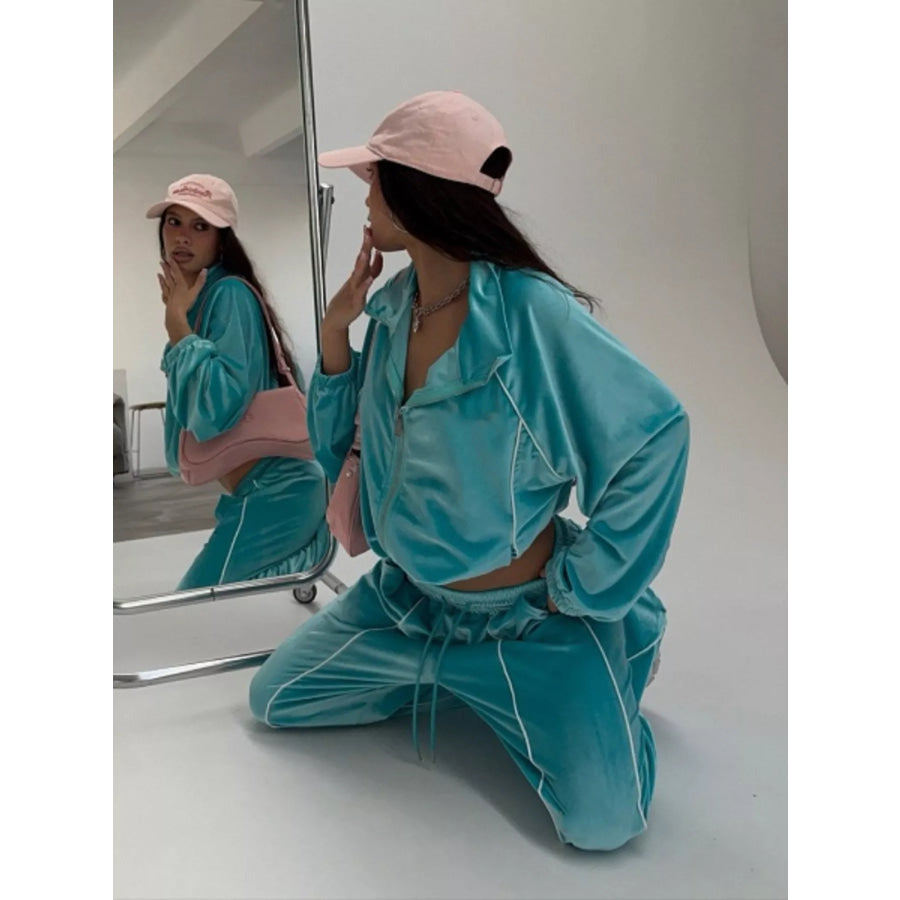 Zip Up Long Sleeve Top and Pants Set Green / S Apparel Accessories