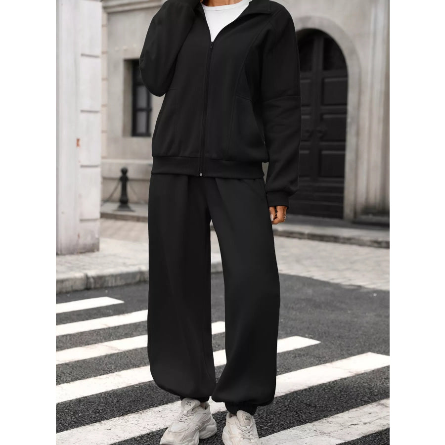 Zip-Up Long Sleeve Top and Pants Set Apparel and Accessories