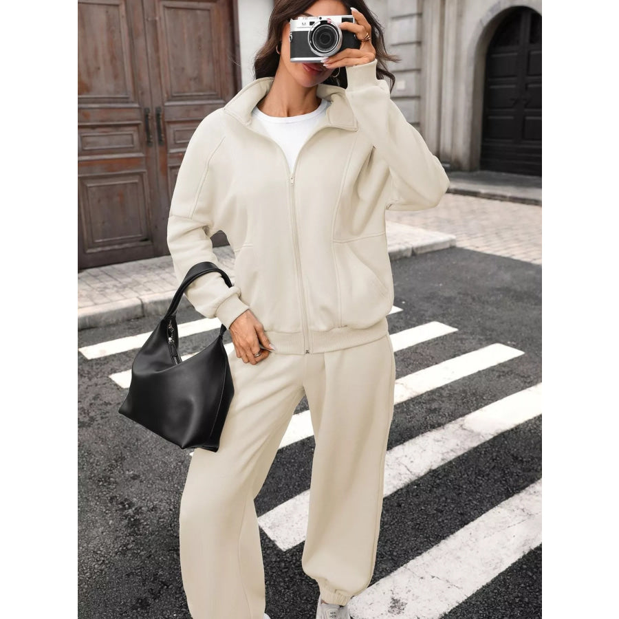 Zip-Up Long Sleeve Top and Pants Set Apparel and Accessories