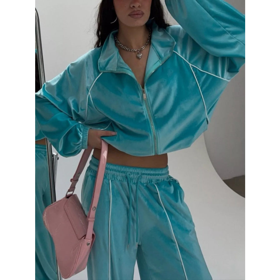 Zip Up Long Sleeve Top and Pants Set Apparel Accessories