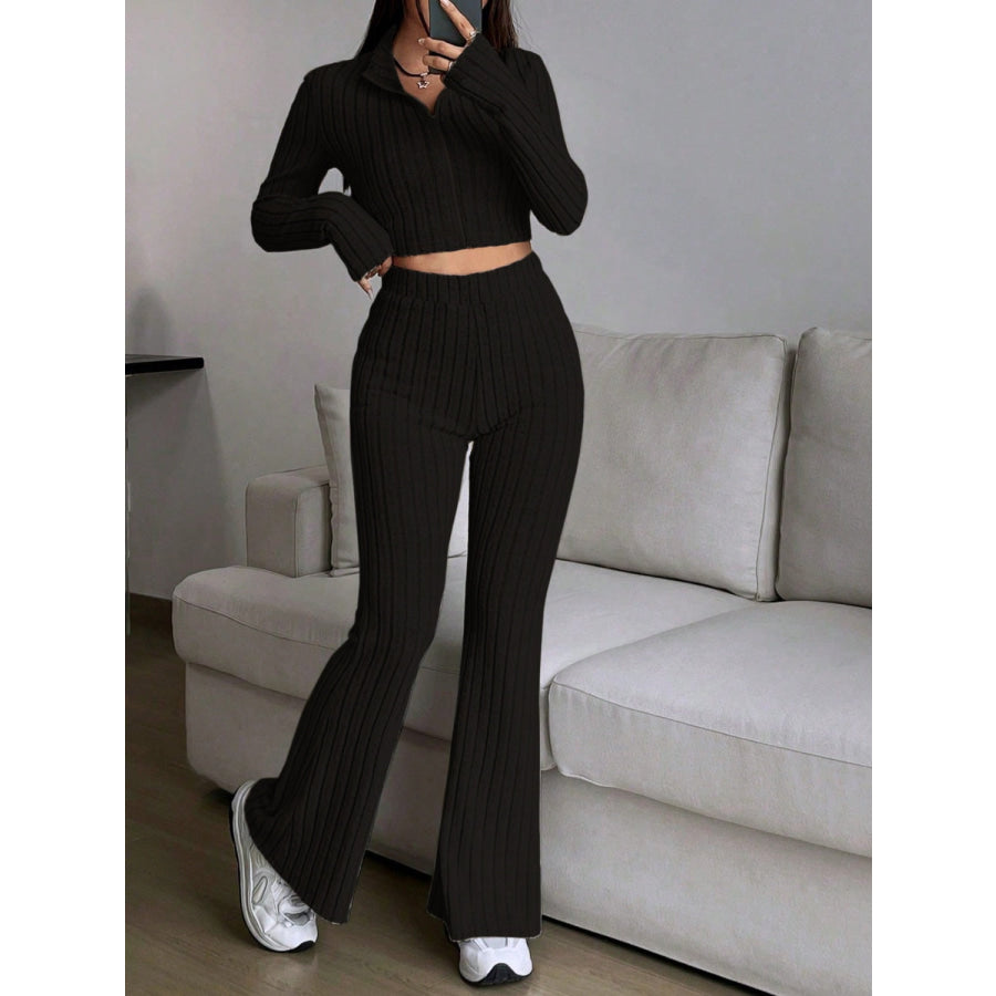 Zip Up Long Sleeve Top and Pants Set Apparel and Accessories