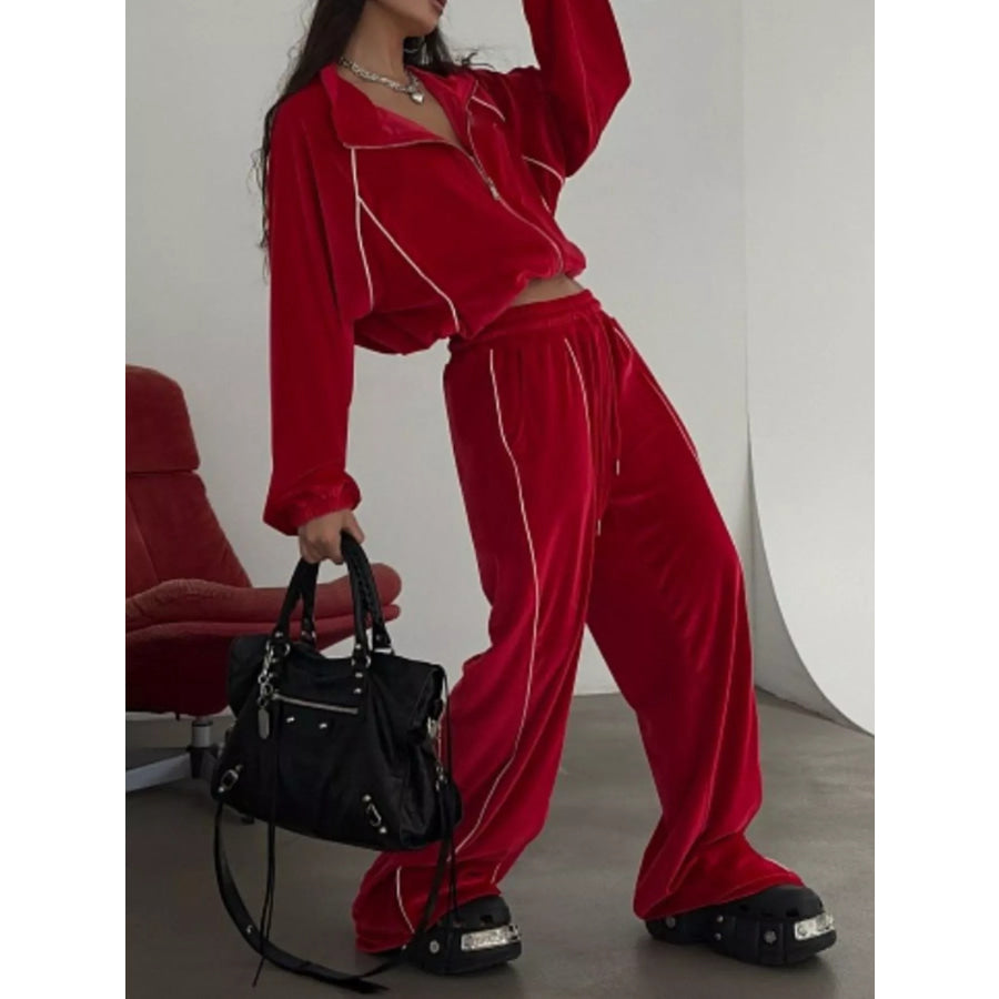 Zip Up Long Sleeve Top and Pants Set Apparel Accessories