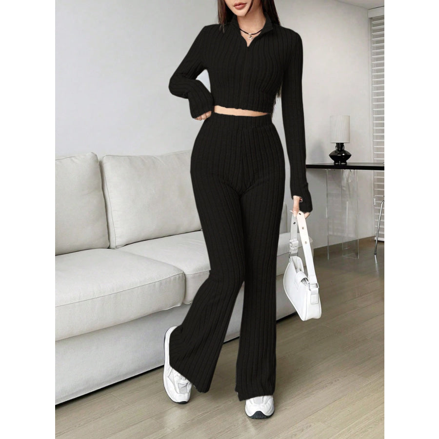 Zip Up Long Sleeve Top and Pants Set Apparel and Accessories