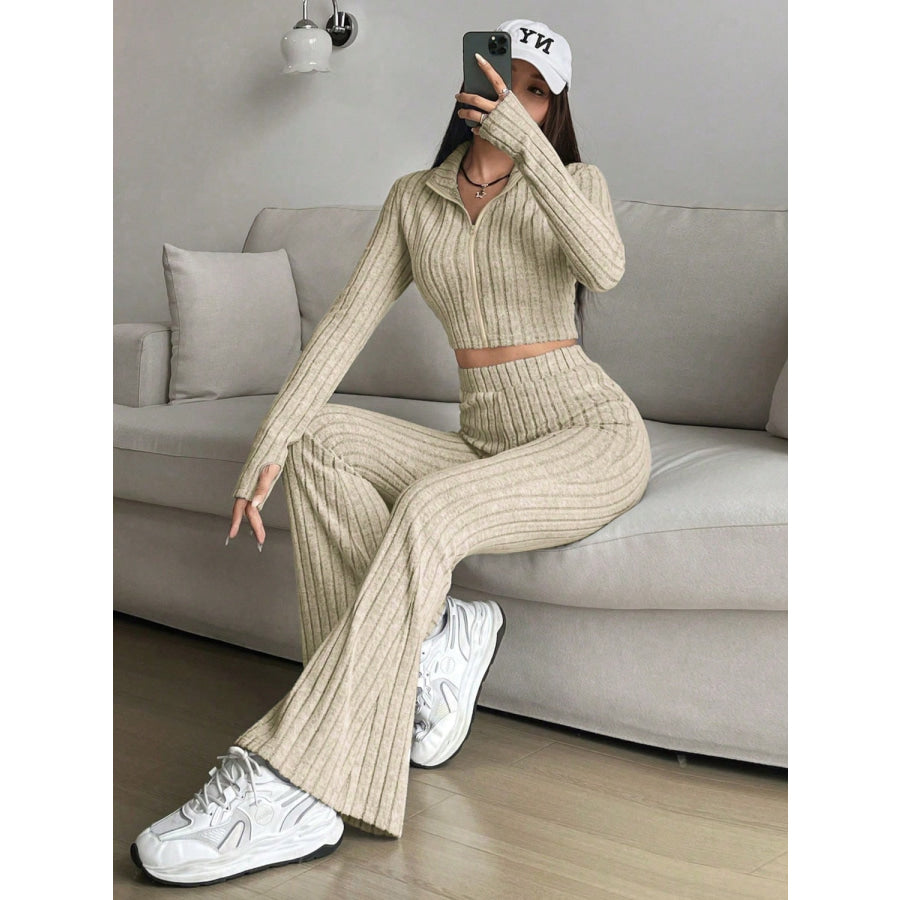 Zip Up Long Sleeve Top and Pants Set Apparel and Accessories