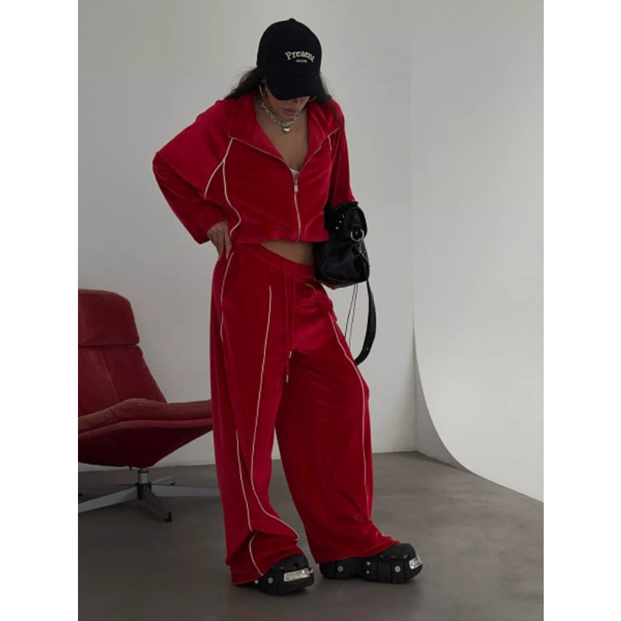 Zip Up Long Sleeve Top and Pants Set Apparel Accessories