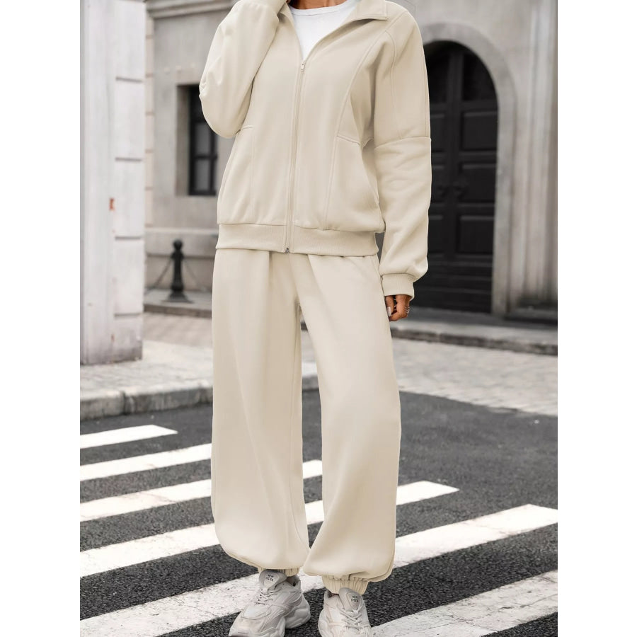 Zip-Up Long Sleeve Top and Pants Set Apparel and Accessories