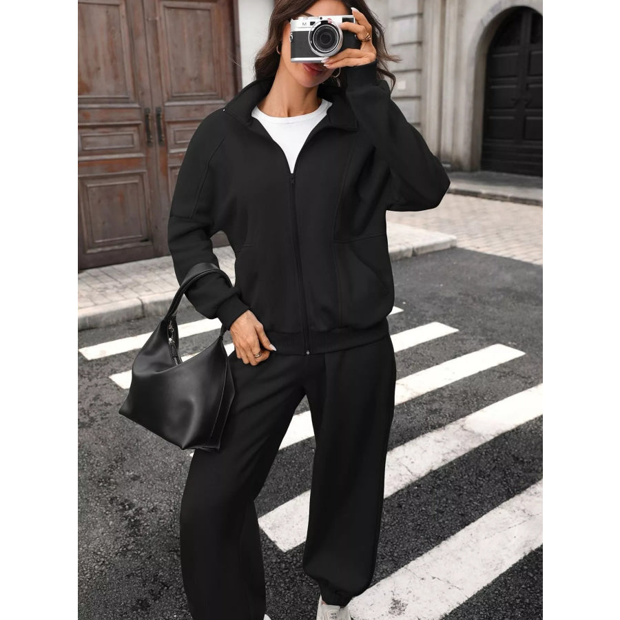 Zip-Up Long Sleeve Top and Pants Set Apparel and Accessories