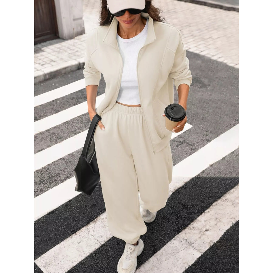 Zip-Up Long Sleeve Top and Pants Set Apparel and Accessories
