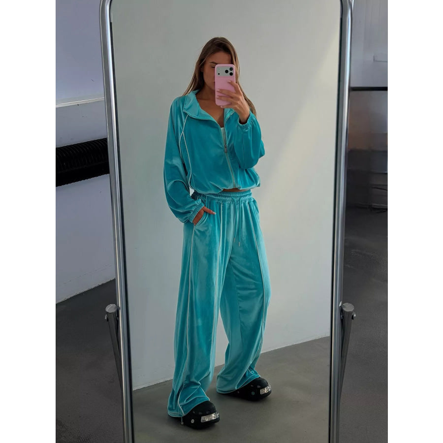 Zip Up Long Sleeve Top and Pants Set Apparel Accessories