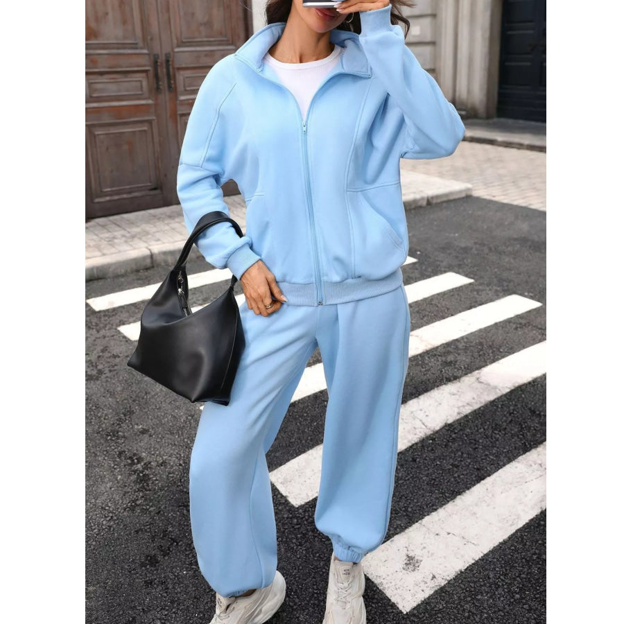 Zip-Up Long Sleeve Top and Pants Set Apparel and Accessories