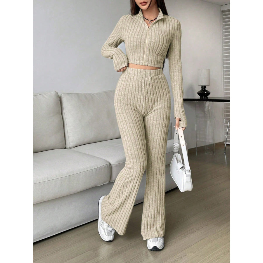 Zip Up Long Sleeve Top and Pants Set Apparel and Accessories