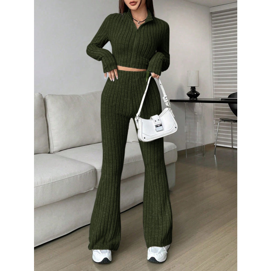 Zip Up Long Sleeve Top and Pants Set Apparel and Accessories