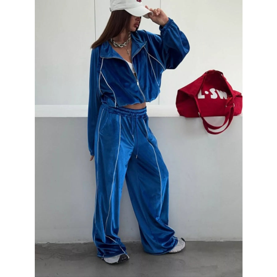 Zip Up Long Sleeve Top and Pants Set Apparel Accessories