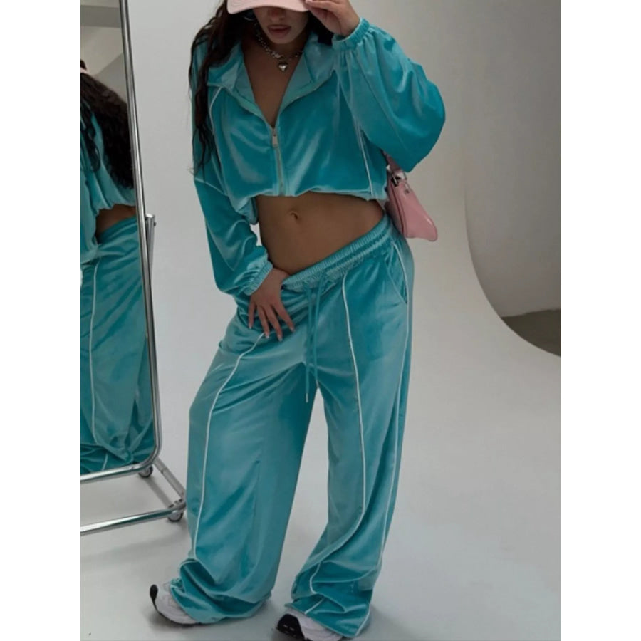 Zip Up Long Sleeve Top and Pants Set Apparel Accessories