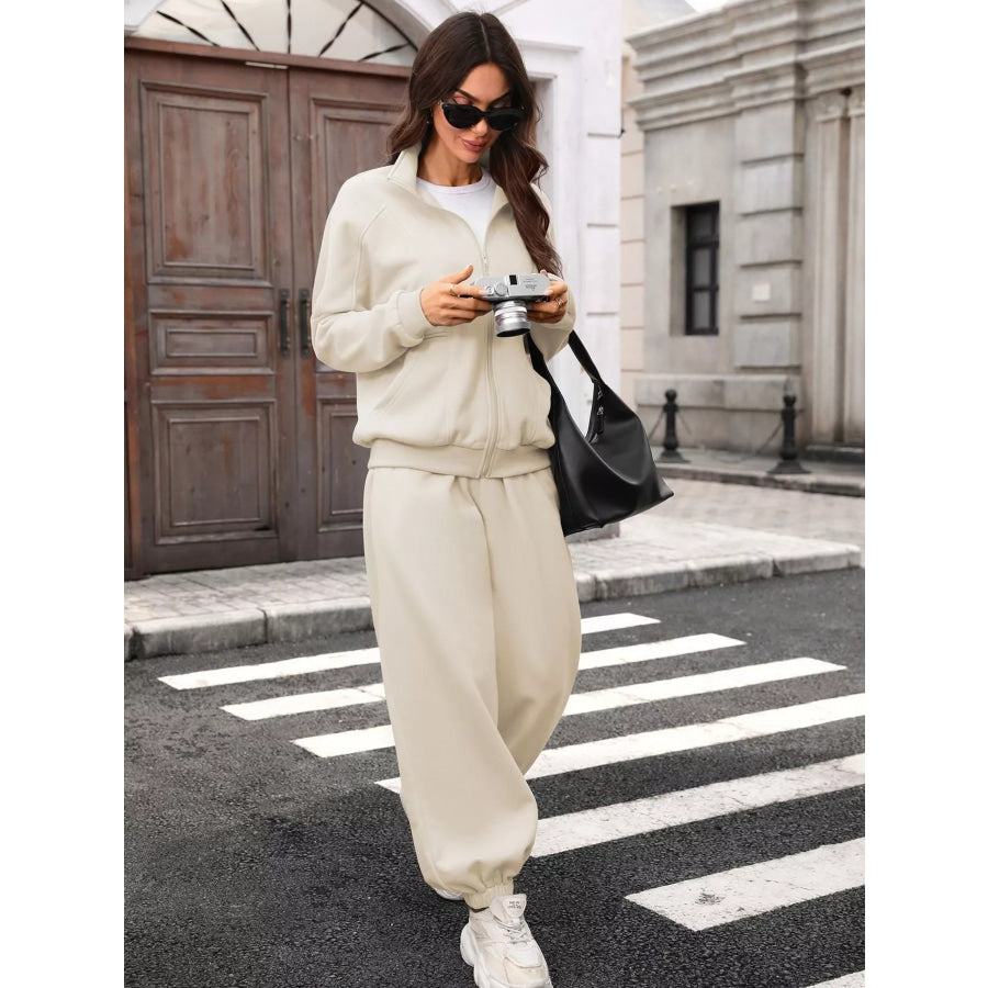 Zip-Up Long Sleeve Top and Pants Set Apparel and Accessories