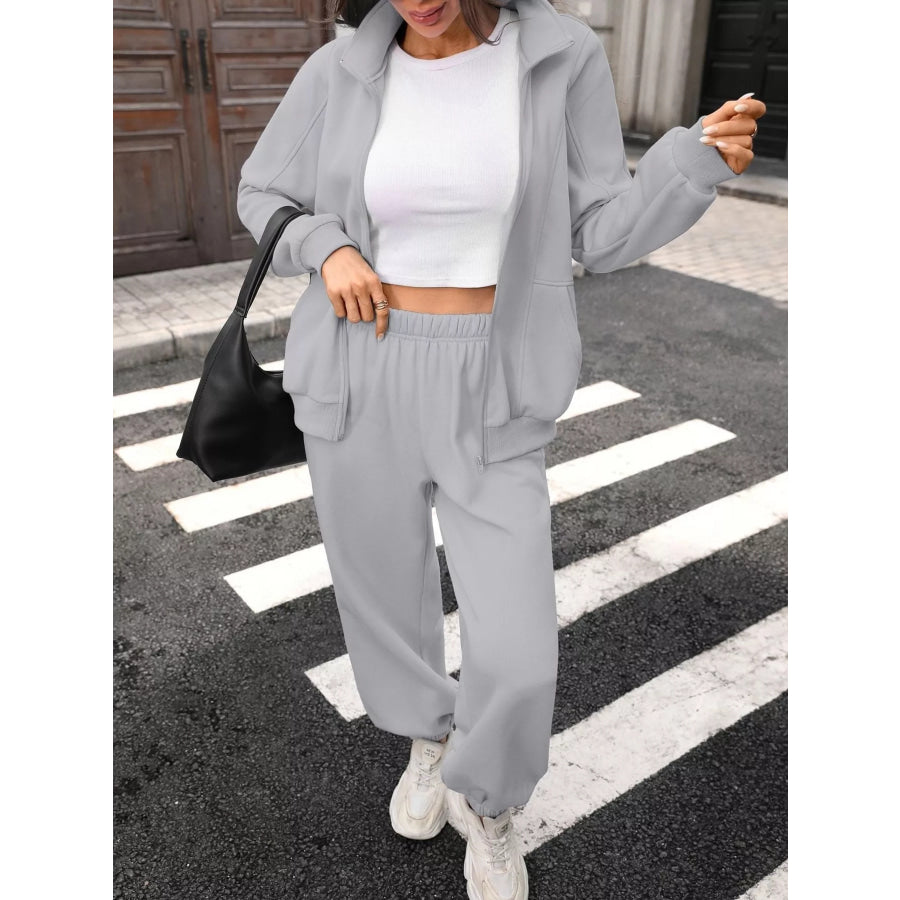Zip-Up Long Sleeve Top and Pants Set Apparel and Accessories