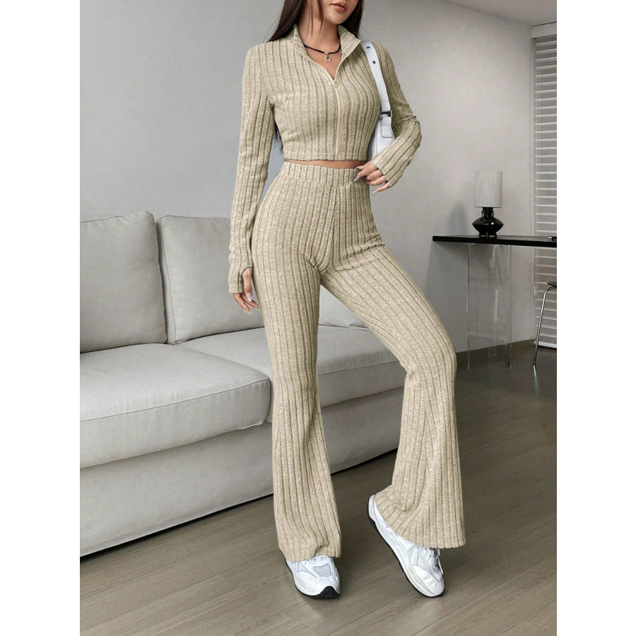 Zip Up Long Sleeve Top and Pants Set Apparel and Accessories