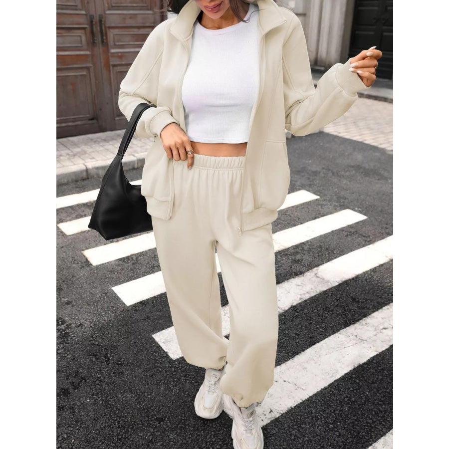 Zip-Up Long Sleeve Top and Pants Set Apparel and Accessories
