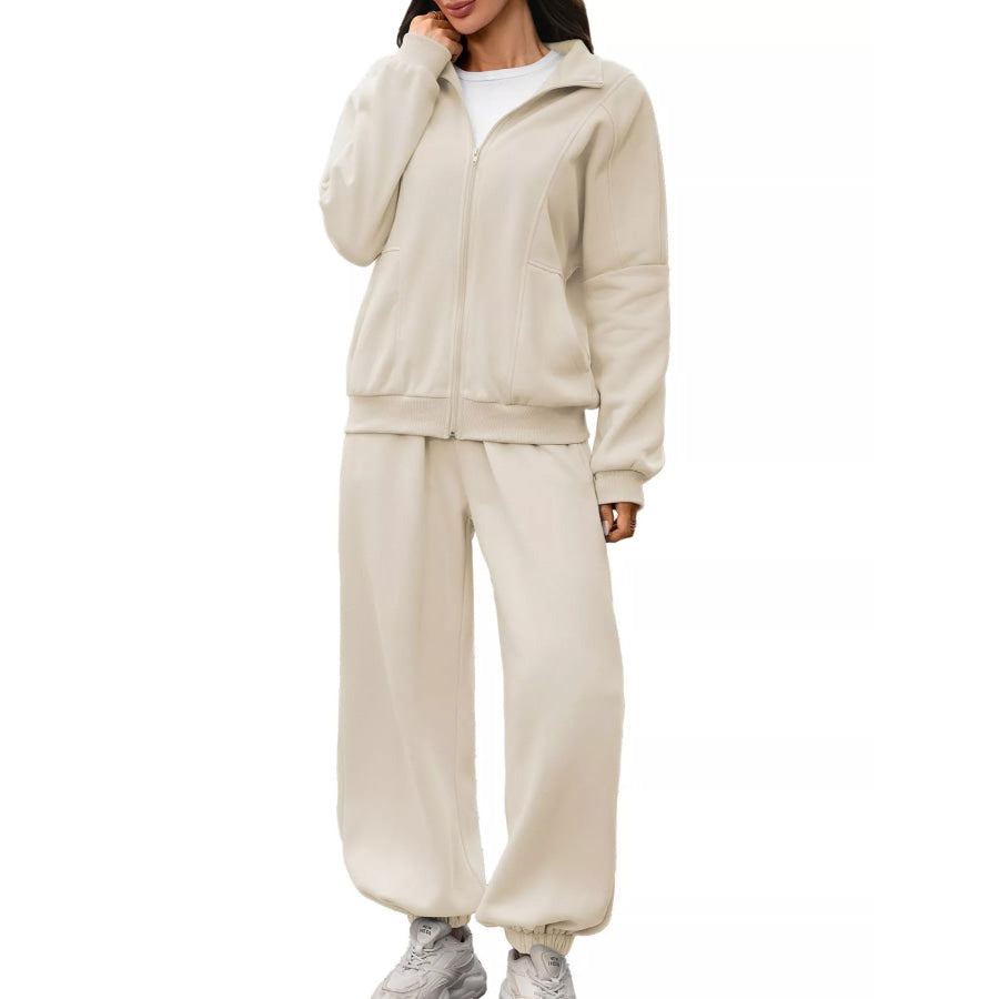 Zip-Up Long Sleeve Top and Pants Set Beige / S Apparel and Accessories