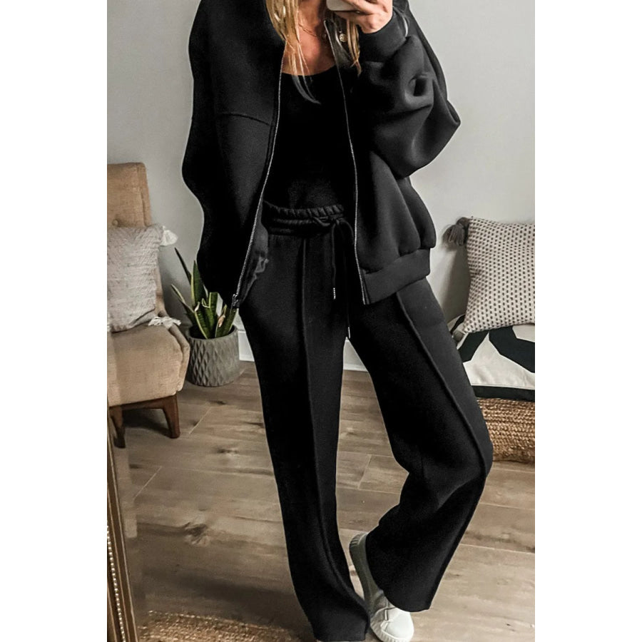 Zip Up Long Sleeve Top and Pants Set Black / S Apparel and Accessories