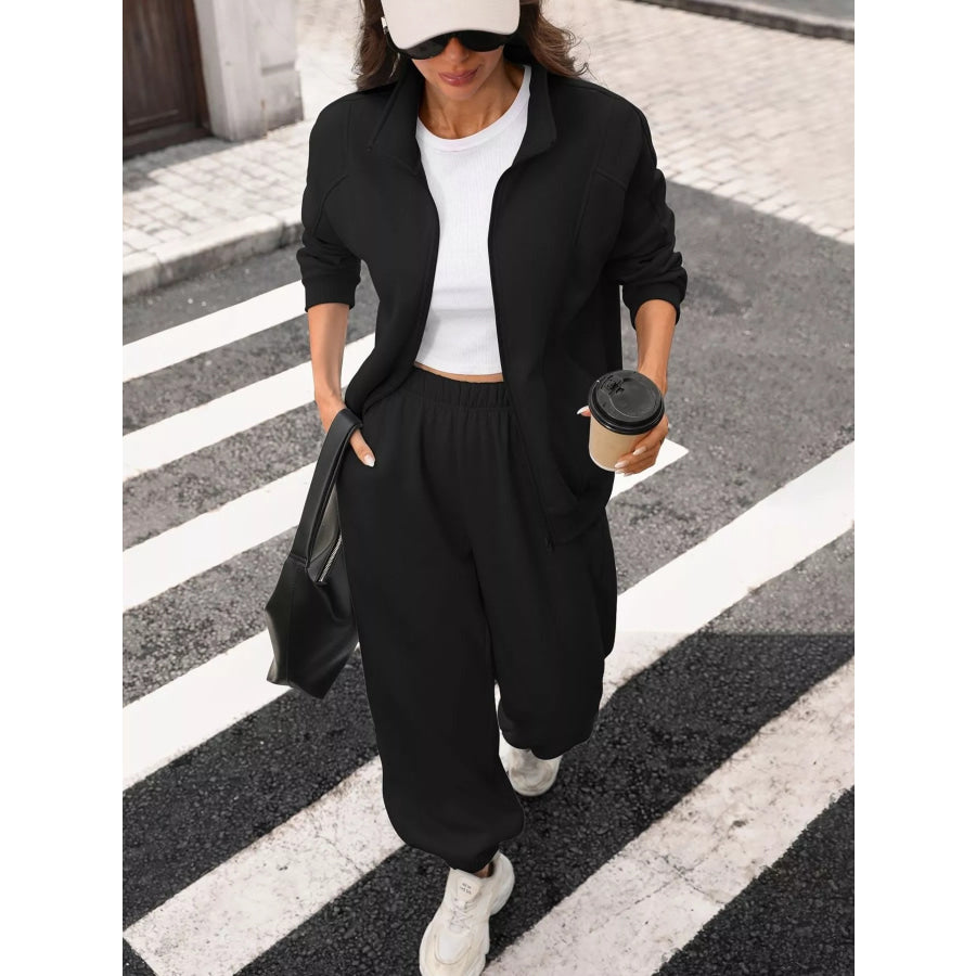 Zip-Up Long Sleeve Top and Pants Set Black / S Apparel and Accessories