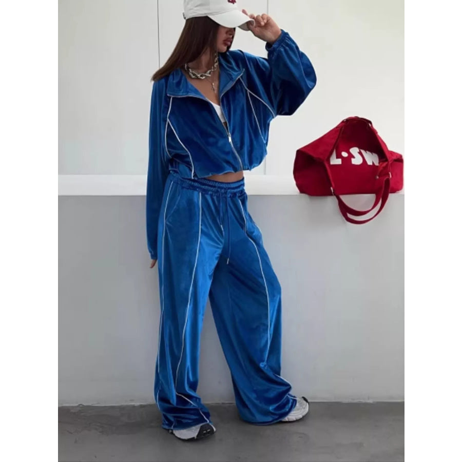 Zip Up Long Sleeve Top and Pants Set Blue / S Apparel Accessories