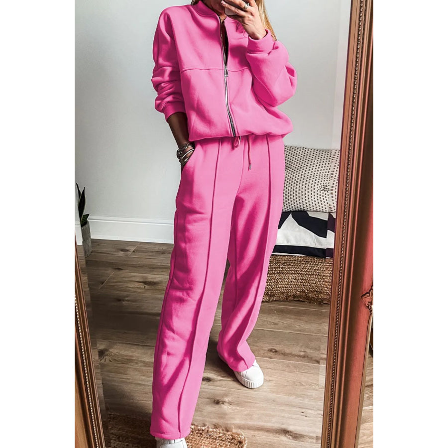 Zip Up Long Sleeve Top and Pants Set Fuchsia Pink / S Apparel and Accessories