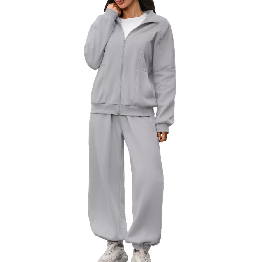 Zip-Up Long Sleeve Top and Pants Set Gray / S Apparel and Accessories