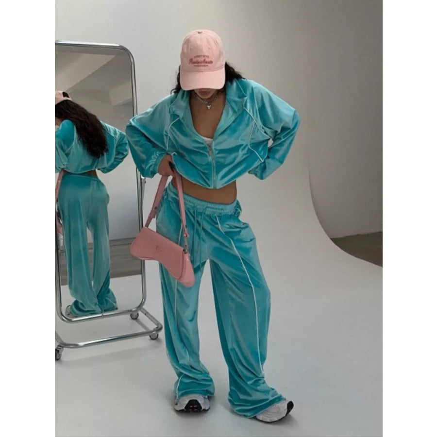 Zip Up Long Sleeve Top and Pants Set Green / S Apparel Accessories