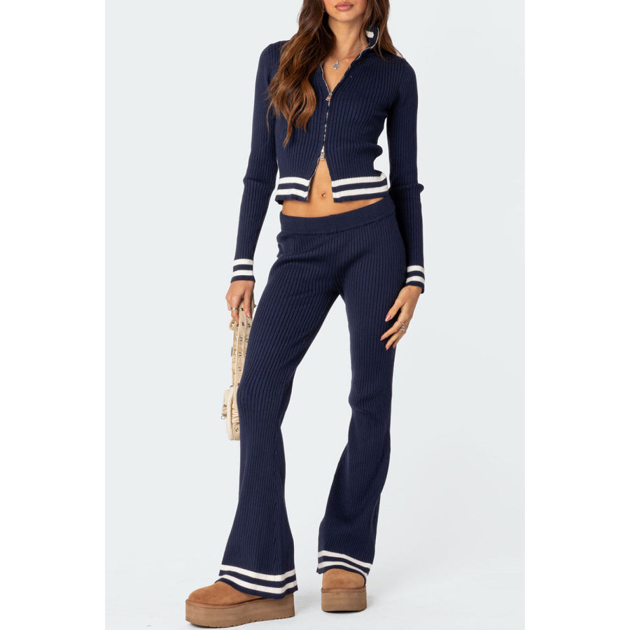 Zip Up Long Sleeve Top and Pants Set Navy / S Apparel and Accessories