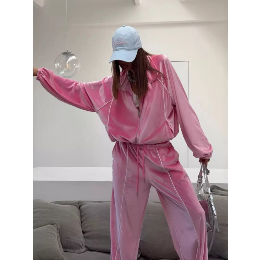Zip Up Long Sleeve Top and Pants Set Pink / S Apparel Accessories