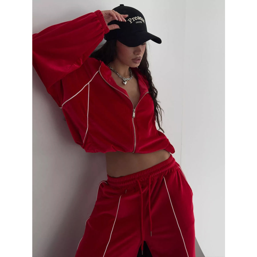 Zip Up Long Sleeve Top and Pants Set Red / S Apparel Accessories