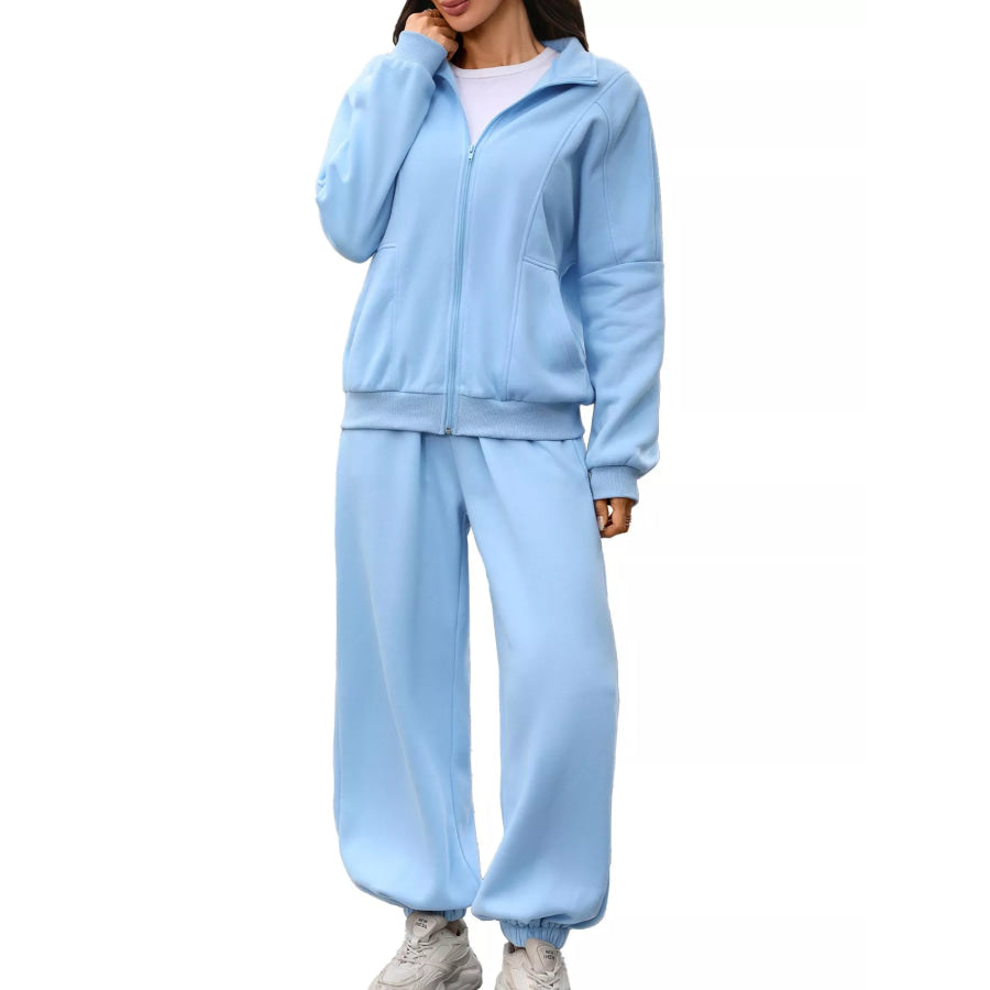 Zip-Up Long Sleeve Top and Pants Set Sky Blue / S Apparel and Accessories