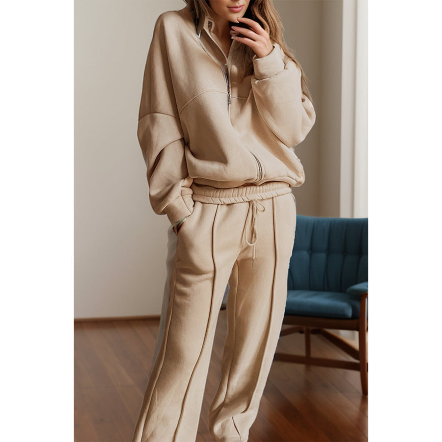 Zip Up Long Sleeve Top and Pants Set Tan / S Apparel and Accessories