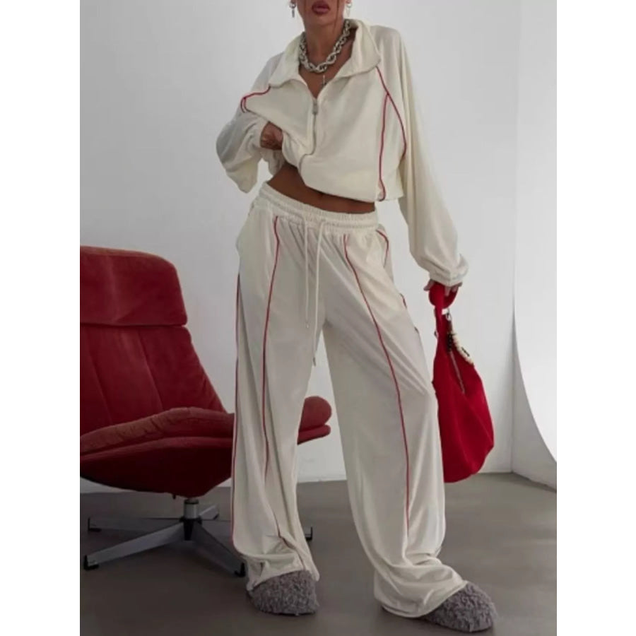 Zip Up Long Sleeve Top and Pants Set White / S Apparel Accessories