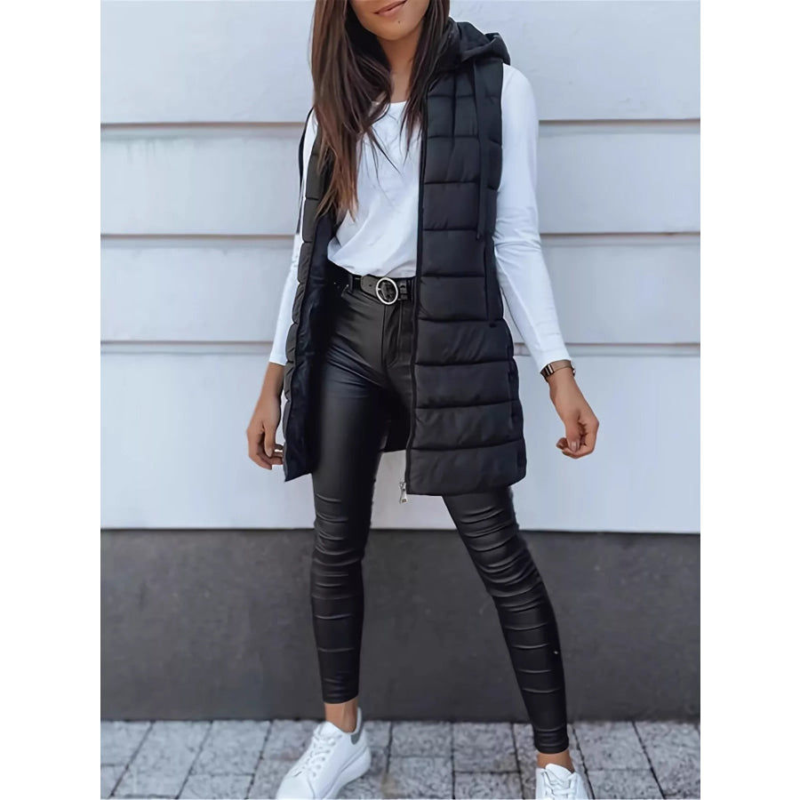 Zip Up Longline Hooded Puffer Vest Coat Apparel and Accessories