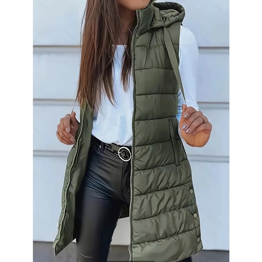 Zip Up Longline Hooded Puffer Vest Coat Army Green / S Apparel and Accessories