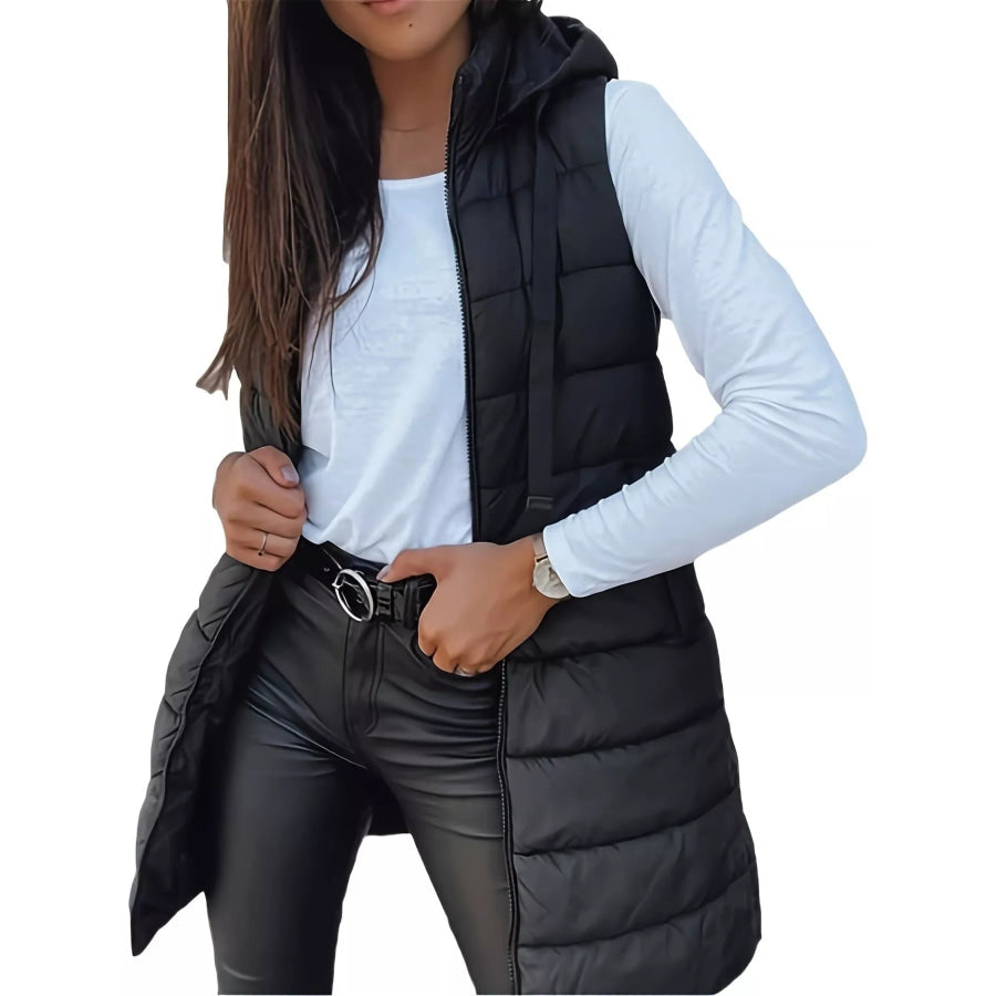Zip Up Longline Hooded Puffer Vest Coat Black / S Apparel and Accessories