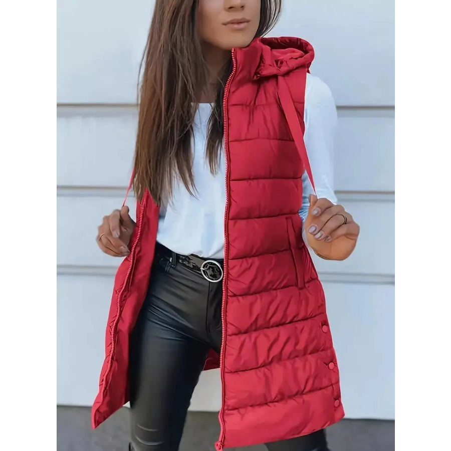 Zip Up Longline Hooded Puffer Vest Coat Bright Red / S Apparel and Accessories