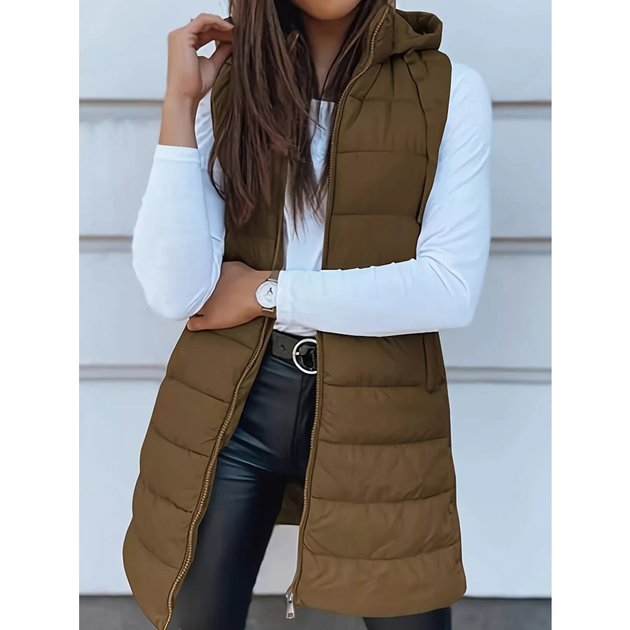 Zip Up Longline Hooded Puffer Vest Coat Chocolate / S Apparel and Accessories