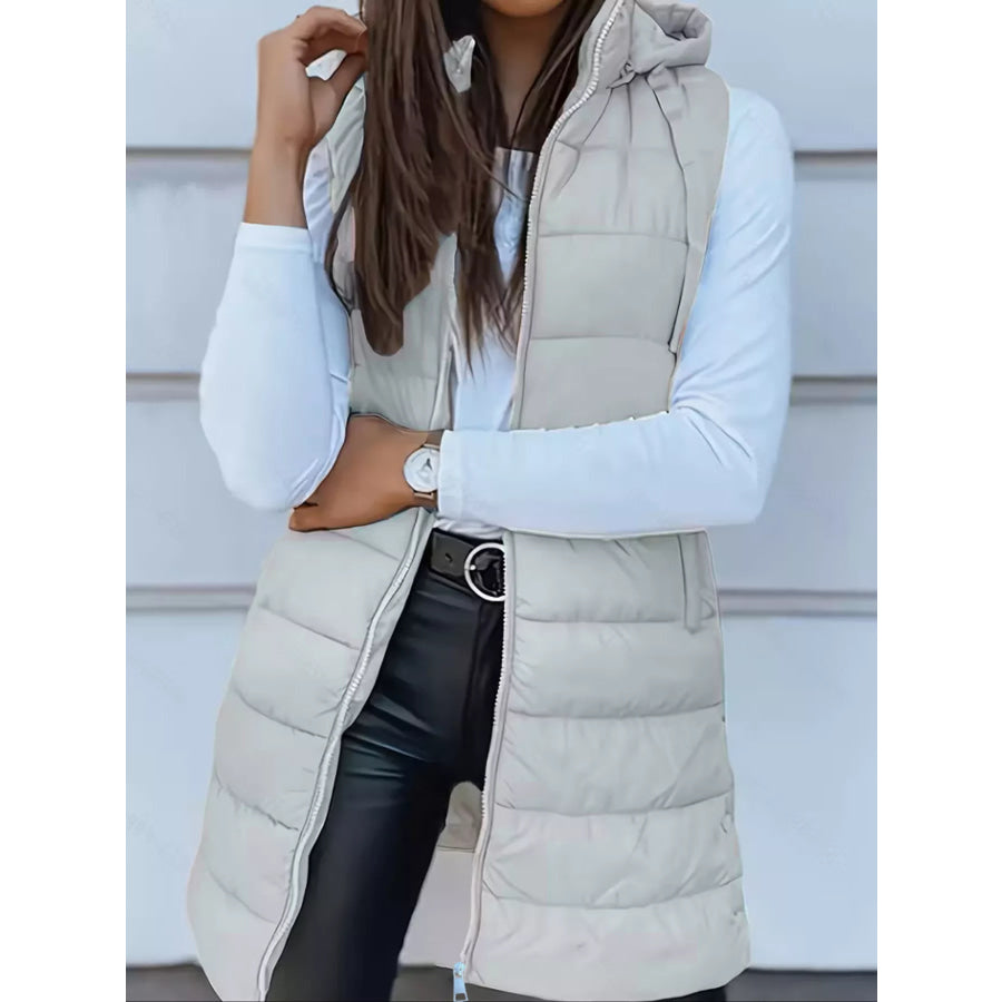 Zip Up Longline Hooded Puffer Vest Coat Gray / S Apparel and Accessories