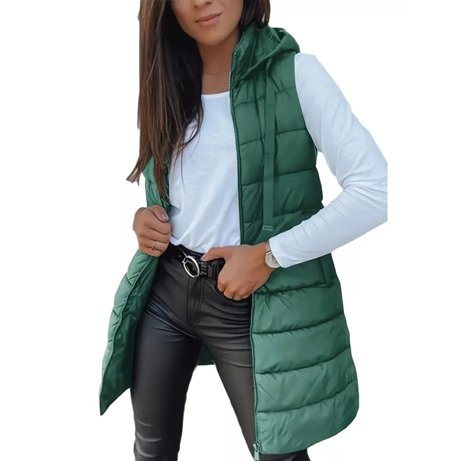Zip Up Longline Hooded Puffer Vest Coat Green / S Apparel and Accessories