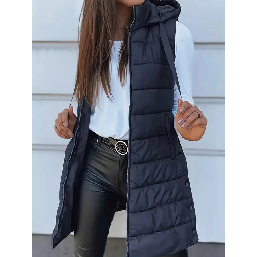 Zip Up Longline Hooded Puffer Vest Coat Navy Blue / S Apparel and Accessories